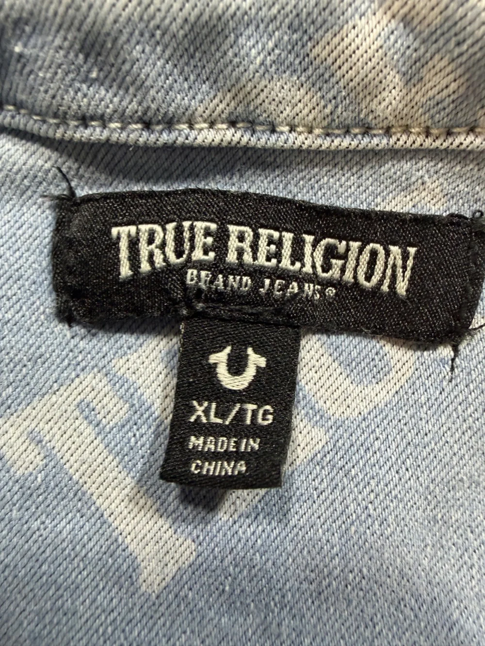 True Religion Light Blue All-Over Logo Denim Shirt Jacket B7
